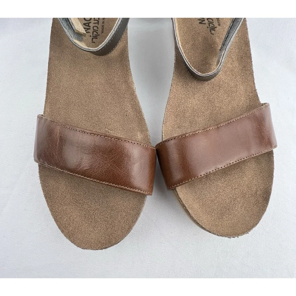 NAOT Pixie Brown Leather Ankle Strap Casual Wedge Sandals Womens 10 M